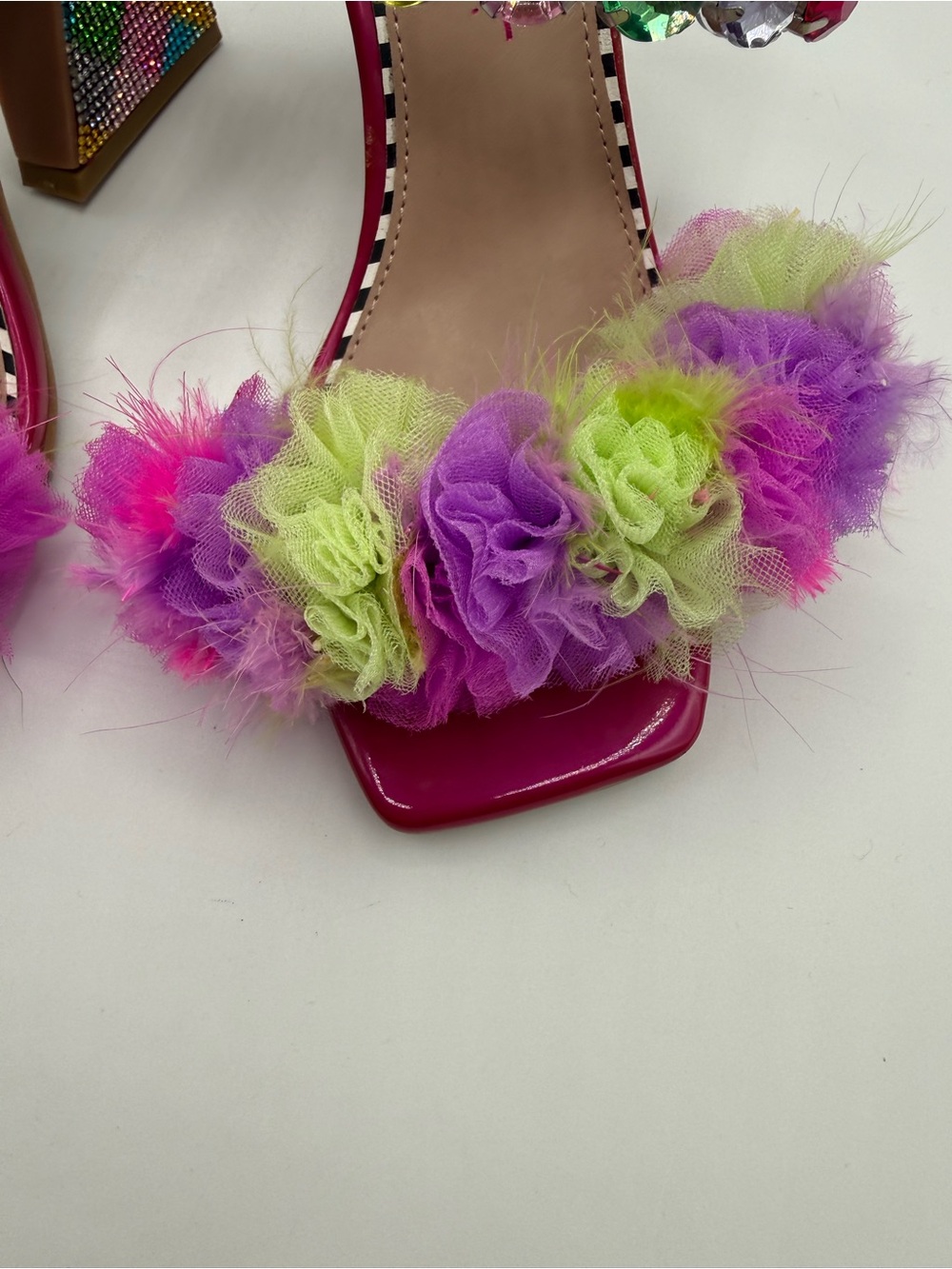 Betsey Johnson Attica Rhinestone Pink Embellished Sandals Pom Pom Statement Mule - Picture 16 of 17